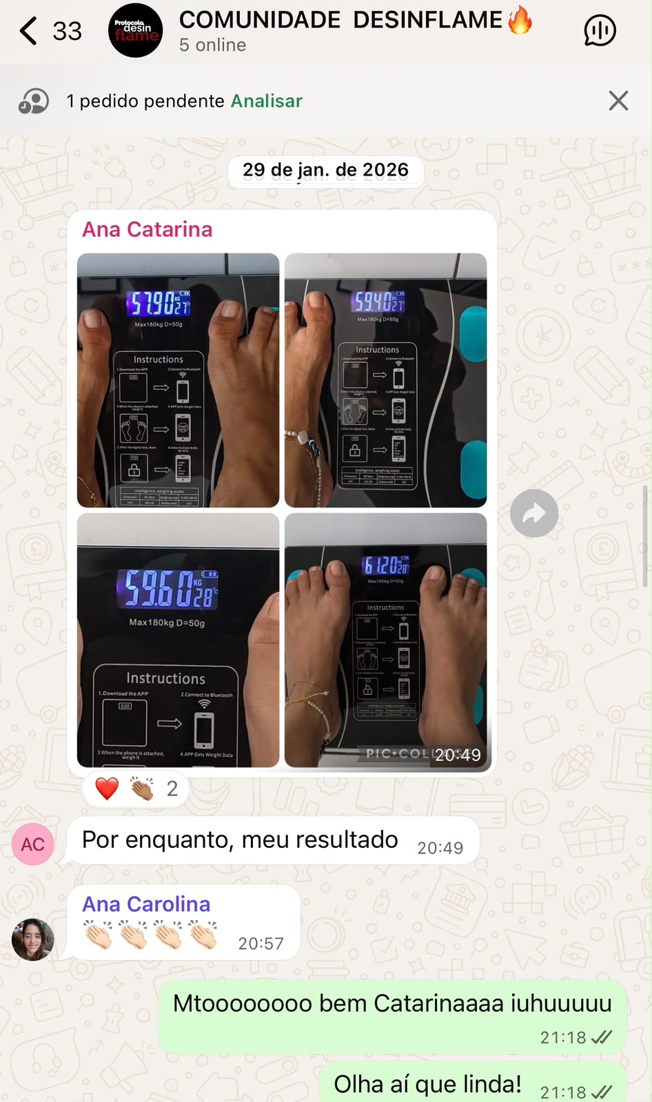 Prints de balança de Ana Catarina mostrando a evolução do peso