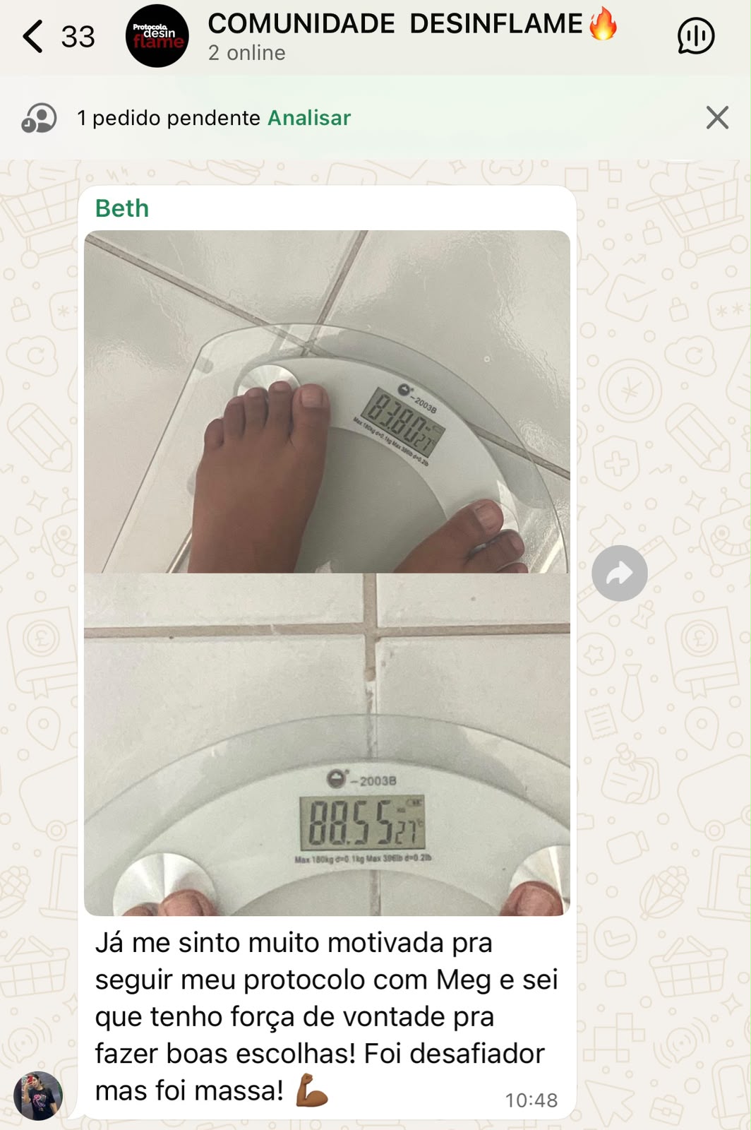 Depoimento de Beth com fotos da balança antes e depois do protocolo