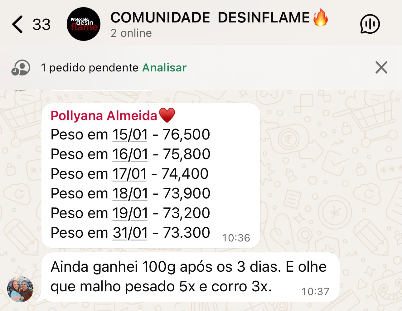Registro diário de peso de Pollyana Almeida durante o protocolo