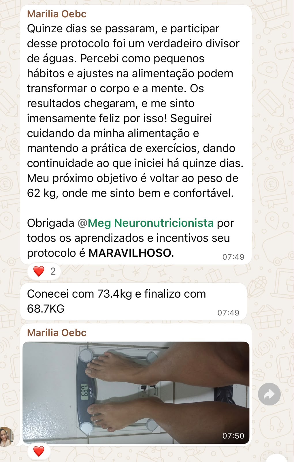 Depoimento de Marília no grupo: começou com 73,4kg e finalizou com 68,7kg