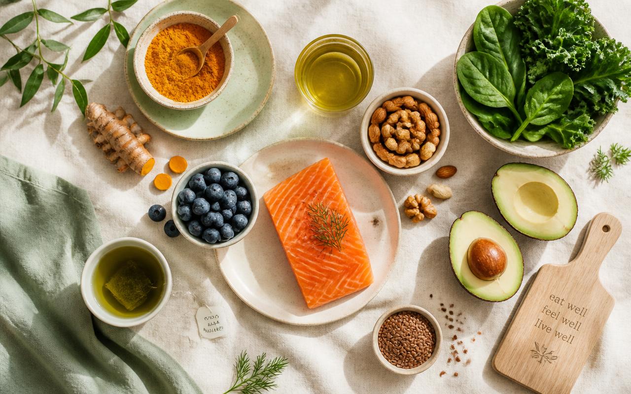 Alimentos anti-inflamatórios como cúrcuma, salmão, folhas verdes, azeite e frutas vermelhas